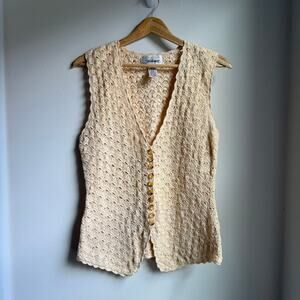 Worthington Vintage Crochet Knit Button Cream Beige Vest Small